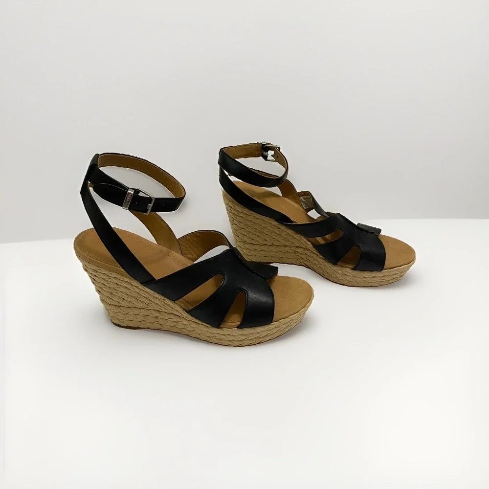 UGG Careena Black Leather Wedge Espadrille Sandals - Size 8.5